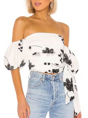 House of Harlow 1960 White Floral Off-Shoulder Puff Sleeve Crop Top